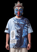 Light Blue Oversized T-shirt Inspired from Lord Krishna, Puff Screen Print with Patchworks T-shirt