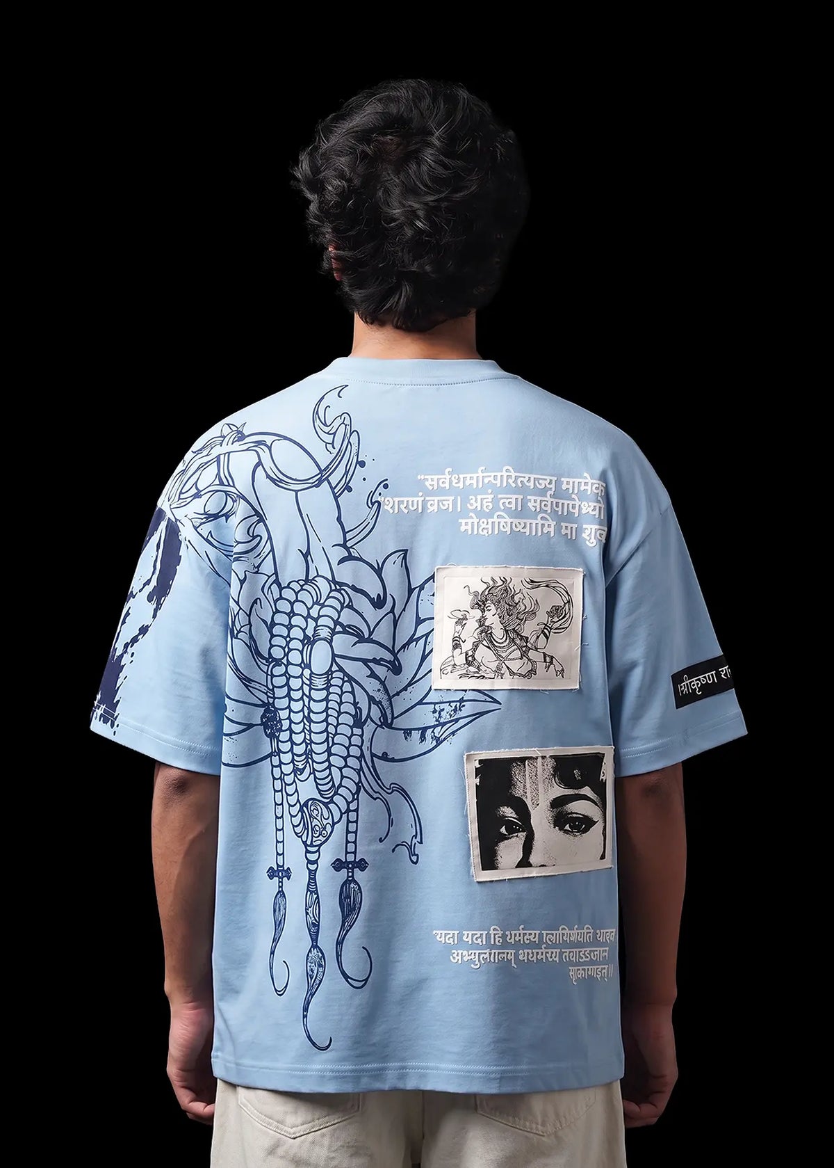 Light Blue Oversized T-shirt Inspired from Lord Krishna, Puff Screen Print with Patchworks T-shirt