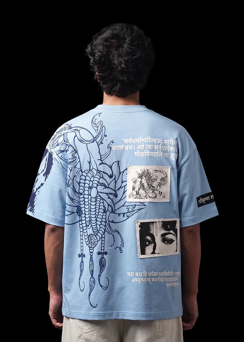 Light Blue Oversized T-shirt Inspired from Lord Krishna, Puff Screen Print with Patchworks T-shirt